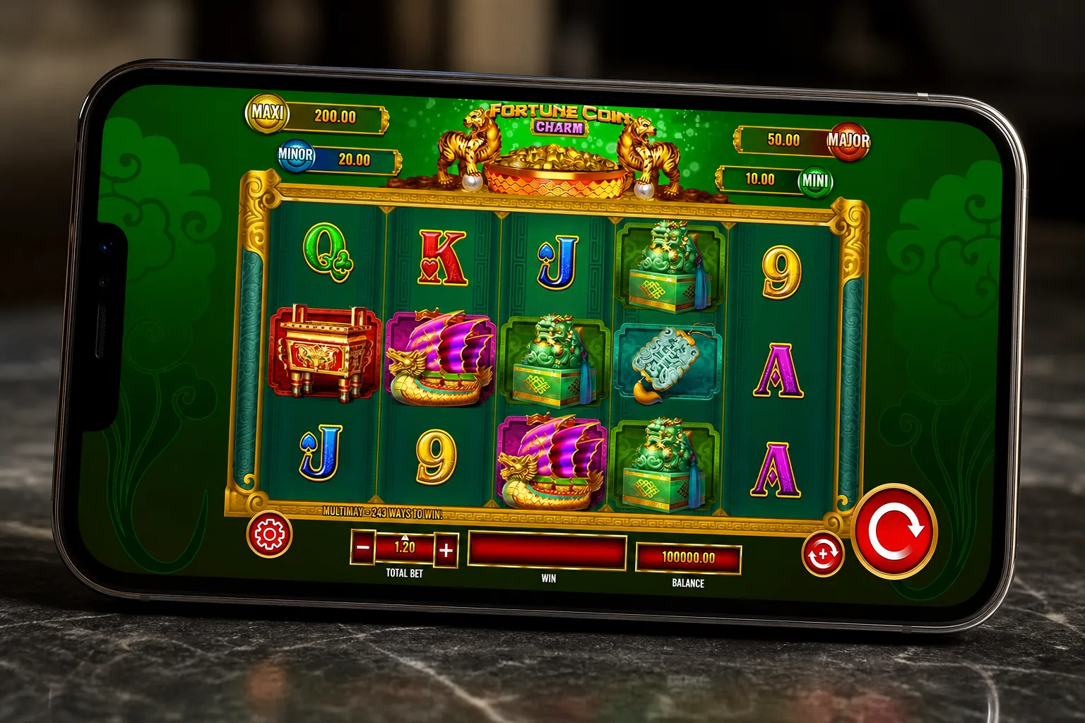Fortune Coin screenshot - spinning reels with gold coin symbols and current balance display