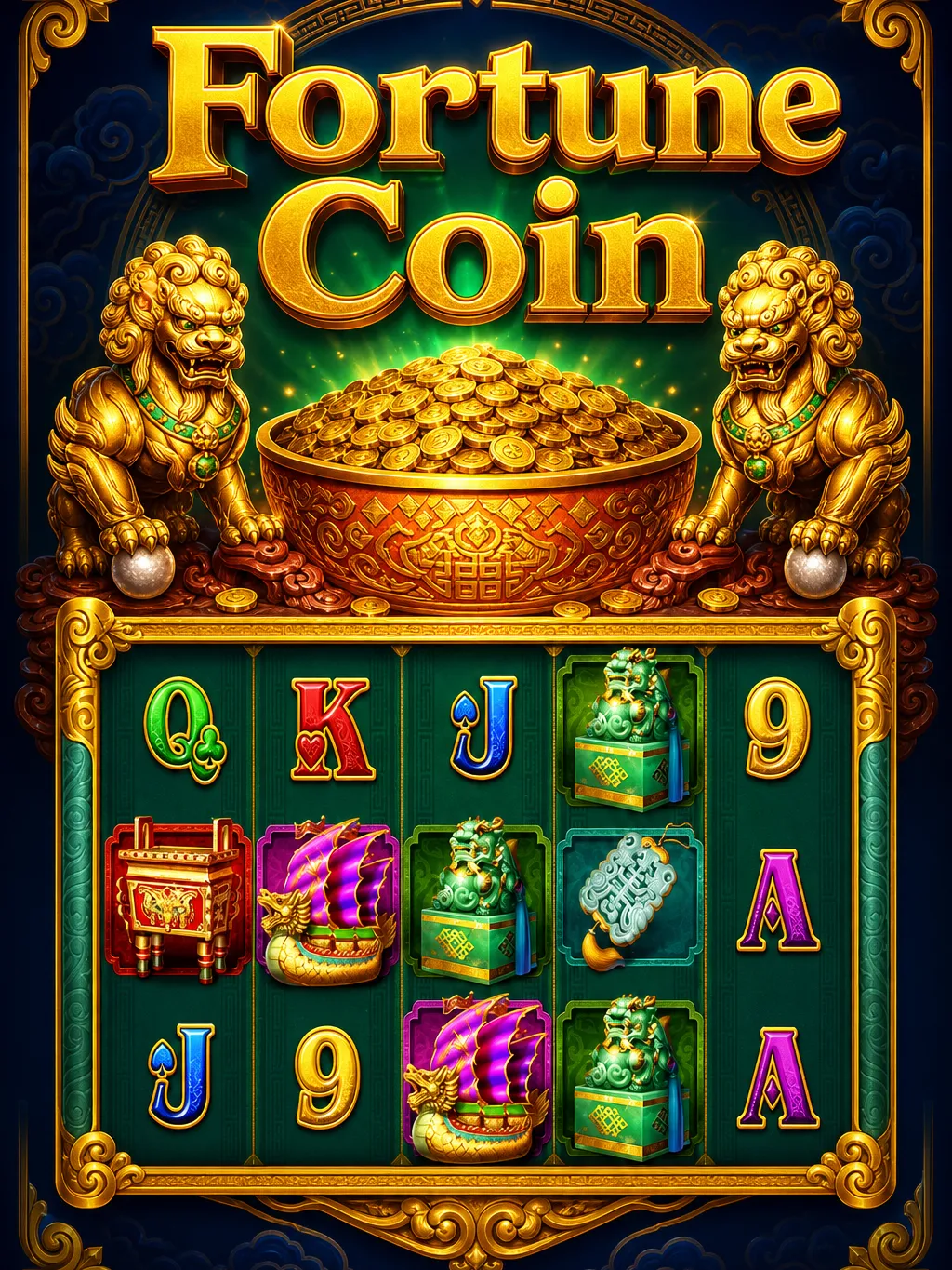 Fortune Coin slot game screen with spinning reels and gold coin symbols